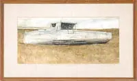 D Fallam, Past Its Prime, Outstanding watercolor in the tradition of Wyeth shows a retired wood lobster boat on its side in the dry grass dunes
