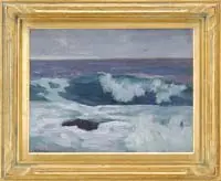 Parker S. Perkins, The Wave, Oil on board coastal scene shows a breaking wave crashing over a flat rock under gray skies