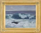 Parker S. Perkins, The Wave, Oil on board coastal scene shows a breaking wave crashing over a flat rock under gray skies