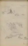 Rosa Marie Bonheur, Two Works: “Comanche Village” and “Indian Customs, 1) Two-scene pencil drawing shows a landscape with tepee, figures, dunes and water