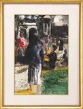 Randall Davey, New Mexican Market Day, Watercolor scene shows a barefoot woman approaching a square with other people and a vendor is seen beside with baskets