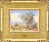 Vera C.M. Staples, Smoke Tree, Oil on canvas board Western scene shows a sandy desert with green tree and desert grasses leading to blue hills