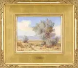 Vera C.M. Staples, Smoke Tree, Oil on canvas board Western scene shows a sandy desert with green tree and desert grasses leading to blue hills
