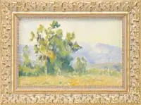 Flora Thomas McCaig, California Landscape, Oil on board scene shows blue mountains behind a field area lined with trees