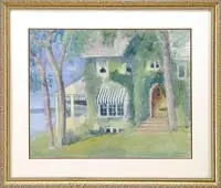 Henrietta Dunn Mears, The Coastal Home, Watercolor scene shows a large house overlooking the water with a cathedral shaped front door and attached veranda