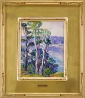 Henry Ryan MacGinnis, The Water Overlook, Oil on board colorful scene shows a stand of trees on grassy bluff overlooking water which reflects the far shore