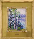 Henry Ryan MacGinnis, The Water Overlook, Oil on board colorful scene shows a stand of trees on grassy bluff overlooking water which reflects the far shore
