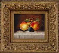 Fruit Still Life by Unsigned, Oil on artist board still life scene shows a pear, peach and plum on a marble top table, sold Aug 2008