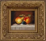 Unsigned, Fruit Still Life, Oil on artist board still life scene shows a pear, peach and plum on a marble top table