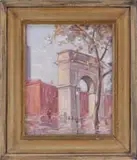 Bells de Tirefort, Washington Square, Oil on masonite scene shows the monument arch with buildings under blue sky. One figure is seen