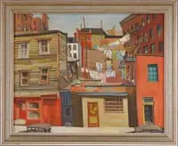 James Carroll Beckwith, Wash Day, Oil on canvas city scene shows colorful multi-storied buildings with drying laundry between fire escape and poles