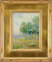 F J Schmidt, Spring Field, Oil on board spring scene shows a small grove of trees amongst a colorful field with flowers and fence