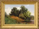 C. Spitz, Landscape with River and House, Oil on canvas scene shows the corner of a river with worn grassy bank, trees and house in distance
