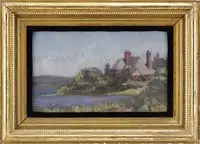 Frances Wheeler, Lakeside Cottage, Oil on board scene shows a large summer cottage estate nestled amongst trees beside water and hills