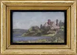 Frances Wheeler, Lakeside Cottage, Oil on board scene shows a large summer cottage estate nestled amongst trees beside water and hills