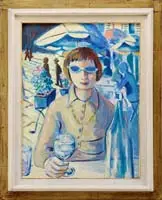 Max Swartz, Afternoon at the Cafe, Oil on canvas scene shows a woman with a glass of wine outside in a cafe setting