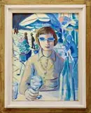 Max Swartz, Afternoon at the Cafe, Oil on canvas scene shows a woman with a glass of wine outside in a cafe setting