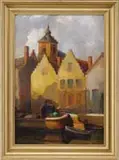 Unsigned, Amsterdam Canal, Oil on canvas scene shows a canal boat with smaller boat moored next to tall buildings
