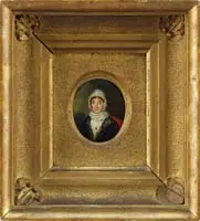 Unsigned, Miniature Portrait of Mary Sykes Witheral, Oil on wood panel oval portrait of a woman wearing a white bonnet and black shawl