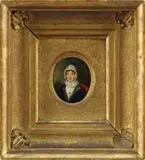 Unsigned, Miniature Portrait of Mary Sykes Witheral, Oil on wood panel oval portrait of a woman wearing a white bonnet and black shawl