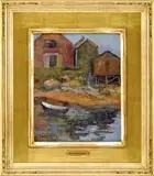 Tod Lindenmuth, The Lone Dory, Oil on board Cape Ann scene shows a small dory in calm water beside three small buildings on a grassy slope