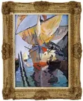 Anthony Thieme, Approaching the Slip, Oil on board scene shows a sailboat being brought into a dock slip with a rowboat beside
