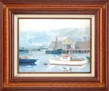 John Nesta, Rocky Neck, Gloucester, Oil on board harbor scene shows the Rocky Neck section of Gloucester. Several boats are seen with docks having buildings