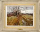 Paul Strisik, Early Spring, Fine oil on masonite early spring landscape shows two fields divided by a tree line under white and gray sky