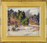 Alexander Bower, Maine Winter, Oil on canvas scene shows a snow covered field leading to a mixed forest under a blue and white clouds sky