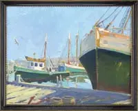 Paul Noble James, Sunday Morning, Gloucester, Oil on canvas Gloucester Harbor scene shows fishing boats moored to docks under a light blue sky