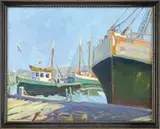 Paul Noble James, Sunday Morning, Gloucester, Oil on canvas Gloucester Harbor scene shows fishing boats moored to docks under a light blue sky