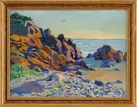 Bathing Beach Ogunquit, Maine by Anne Cary Bradley, Oil on board scene shows a sandy and rock beach that ends at large rocks. Birds are flying in a colorful sky, sold May 2008