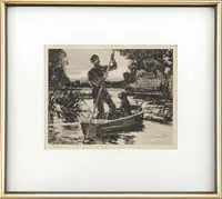 Hunter Poling a Boat by Frank Weston Benson, Lithograph scene shows a man poling a small boat with hunting dog and gun beside. Pencil signed lower left, sold May 2008