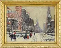 Guy Carleton Wiggins, Central Park, Oil on canvas winter New York City scene shows snow covered street with people, tall buildings with American flags
