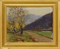 Daniel Francois Santry, October Morning Cannon Mountain, Franconia, Oil on board fall scene shows a dirt road leading to a mountain with colorful tree beside