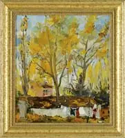 Guy Carleton Wiggins, Laundry Day, Oil on board scene shows a woman hanging laundry on a clothes line behind a series of sheds and tall trees