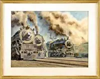 Francis Wenderoth Saunders, The Mighty Locomotives, Fine large watercolor scene shows three large black locomotives in a busy rail yard