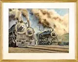 Francis Wenderoth Saunders, The Mighty Locomotives, Fine large watercolor scene shows three large black locomotives in a busy rail yard