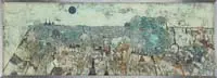 Gustavo Foppiani, SOLE AZZURRO SULLA CITTA ALGERINA” (Sun and blue sky over the city of Algerina), Mixed media on wood panel shows a modernist scene of a black sun in a light blue sky over a modernist cityscape