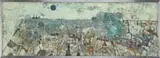 Gustavo Foppiani, SOLE AZZURRO SULLA CITTA ALGERINA” (Sun and blue sky over the city of Algerina), Mixed media on wood panel shows a modernist scene of a black sun in a light blue sky over a modernist cityscape