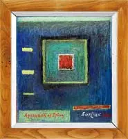 David Burliuk, APPROACH OF SPING” (Spring), Oil on wood panel shows a square in different colors, the center being red. It is surrounded by blue and yellow dashes
