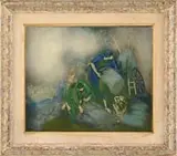 Félix Varla, The Hay Harvest, Oil on canvas scene shows a man in green and a woman in blue bundling hay