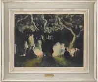 Fred Wagner, Bonfire Gathering, Nighttime watercolor scene shows a number of people around a bonfire under large trees