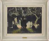 Fred Wagner, Bonfire Gathering, Nighttime watercolor scene shows a number of people around a bonfire under large trees
