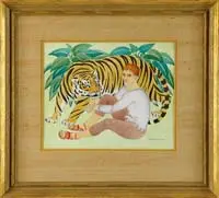 Charles Baskerville, Tiger’s Friend, Watercolor scene shows a large tiger standing next to a seated figure with red hair. Green leaves are in the background
