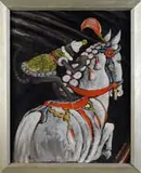 Ernest Stock, Horse and Monkey, Oil on board circus scene shows a dressed up monkey riding a white circus horse with fancy saddle and bridle