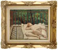 Henry Varnum Poor, Nude on the Roof, Oil on canvas laid on panel shows a nude woman lying on a white blanket on a roof with red railing