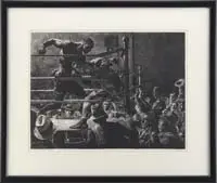 Robert Riggs, On the Ropes, Lithograph shows a fighter pummeling another boxer who is boxed into a corner. The crowd cheers on for victory