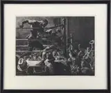 Robert Riggs, On the Ropes, Lithograph shows a fighter pummeling another boxer who is boxed into a corner. The crowd cheers on for victory