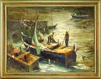 Working the Nets by Durval Pereira, Large oil on canvas scene shows three men working on a fishing boat in a small harbor area under bright moonlight, sold May 2008